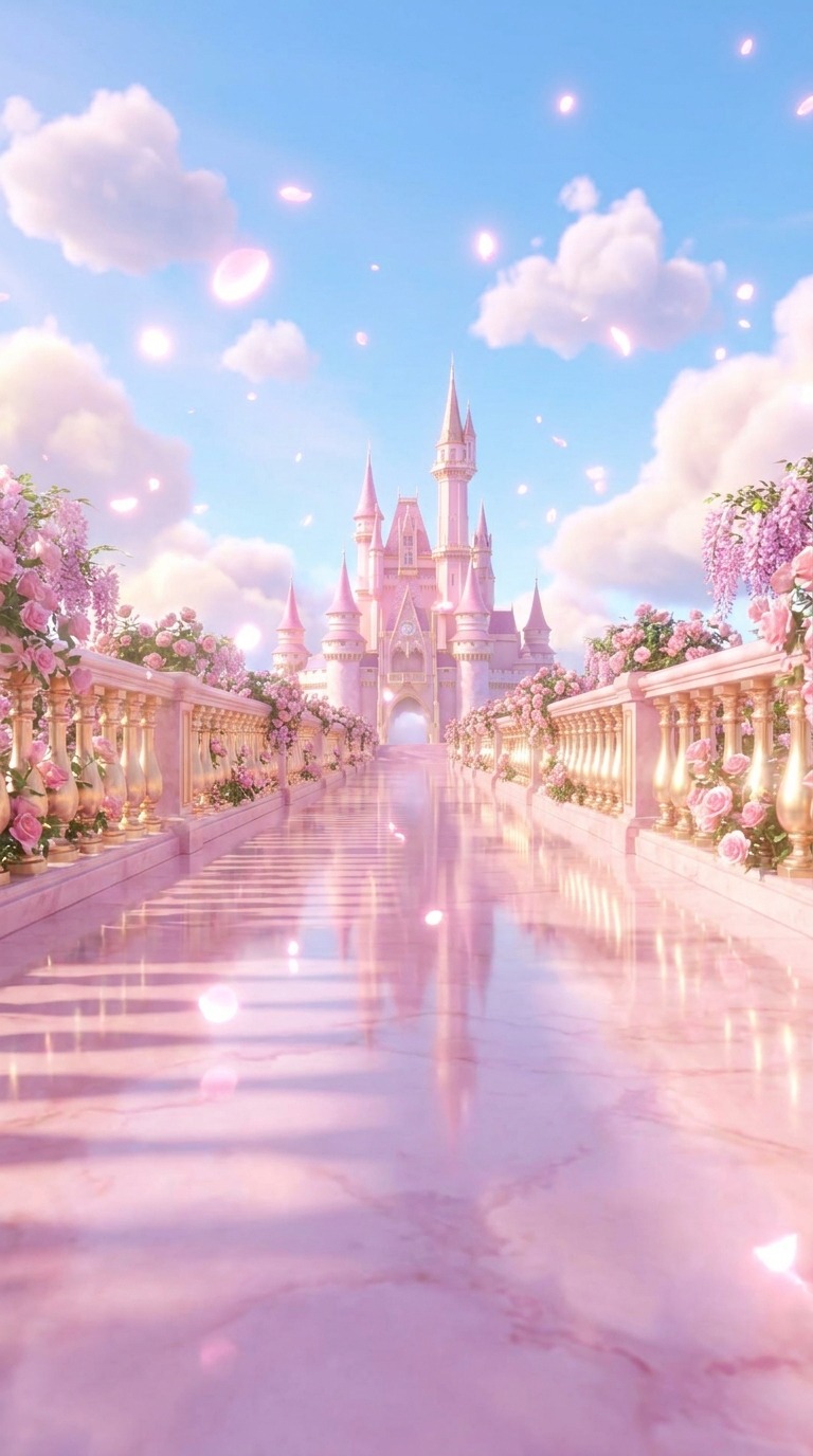 Pink Fantasy Castle Flythrough AI video prompt