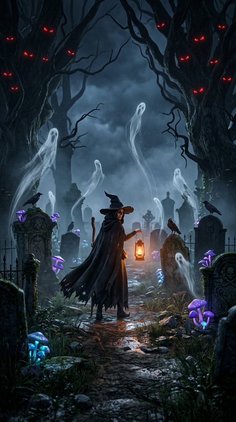 Haunted Graveyard Witch & Ghosts AI video prompt