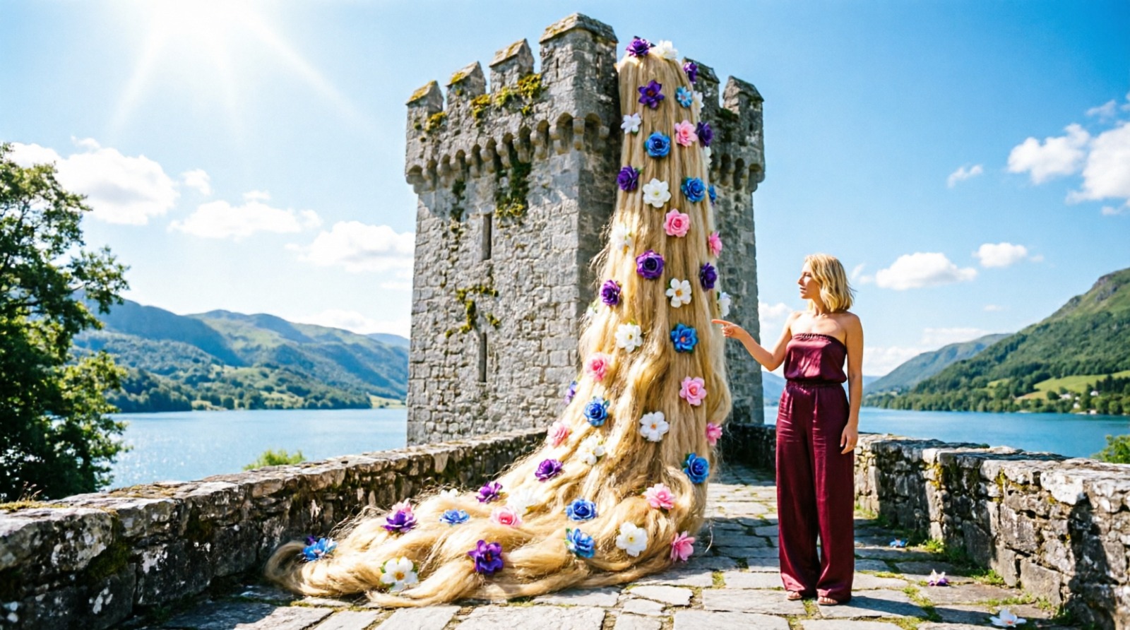 Rapunzel Hair Installation at Medieval Castle Tower AI video prompt