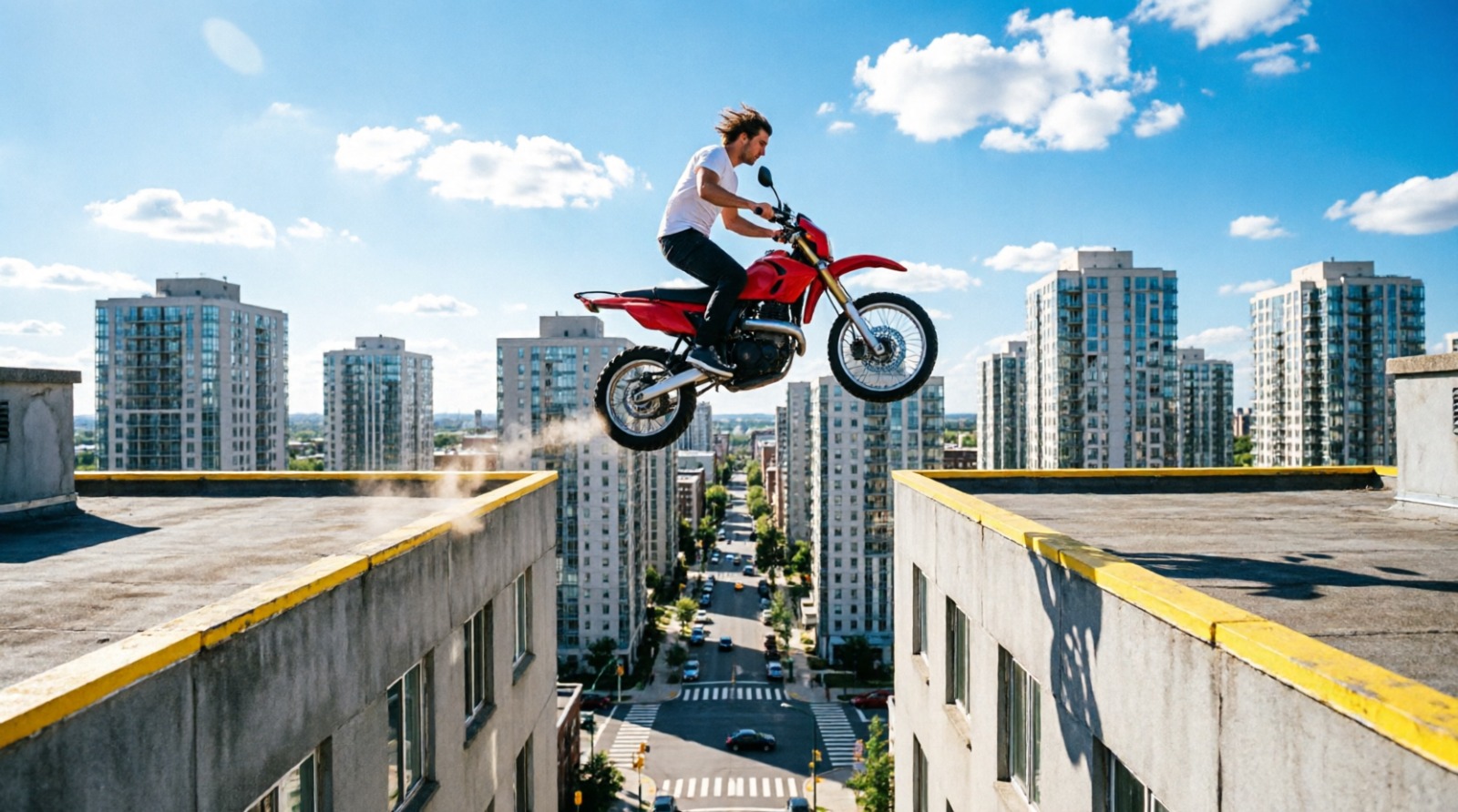 Extreme Rooftop Motorcycle Jump Between Buildings AI video prompt