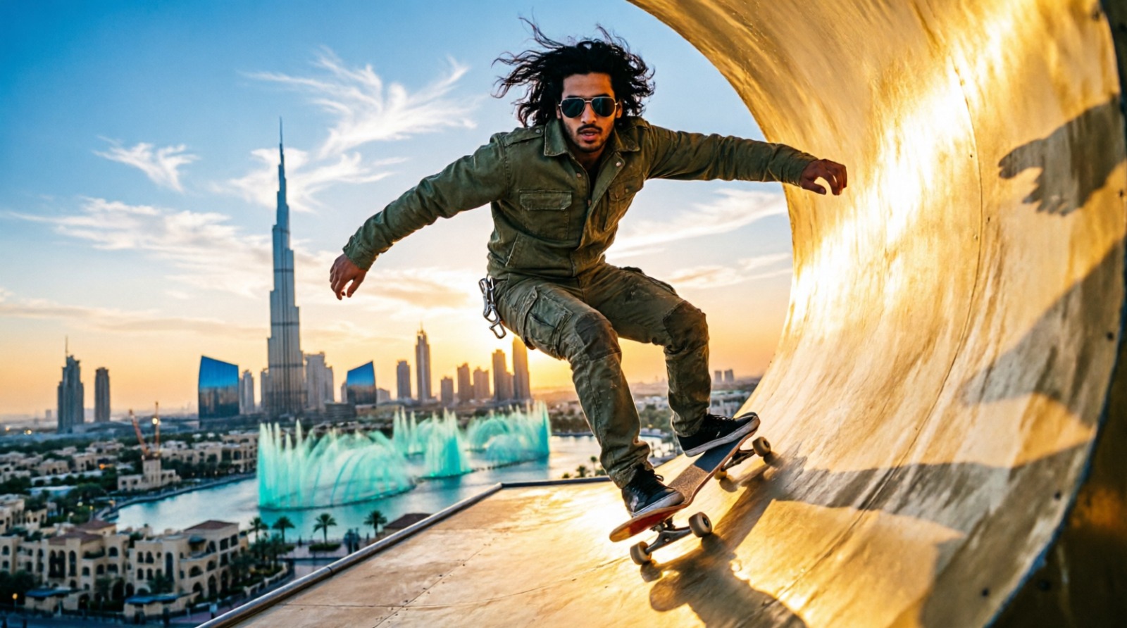 Realistic Vertical Video: Extreme Skateboarding on Curved Ramp High Above Dubai Skyline with Burj Khalifa at Sunset AI…