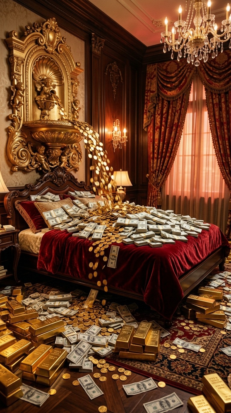 Luxury Bed Money & Gold Coin Fountain AI video prompt