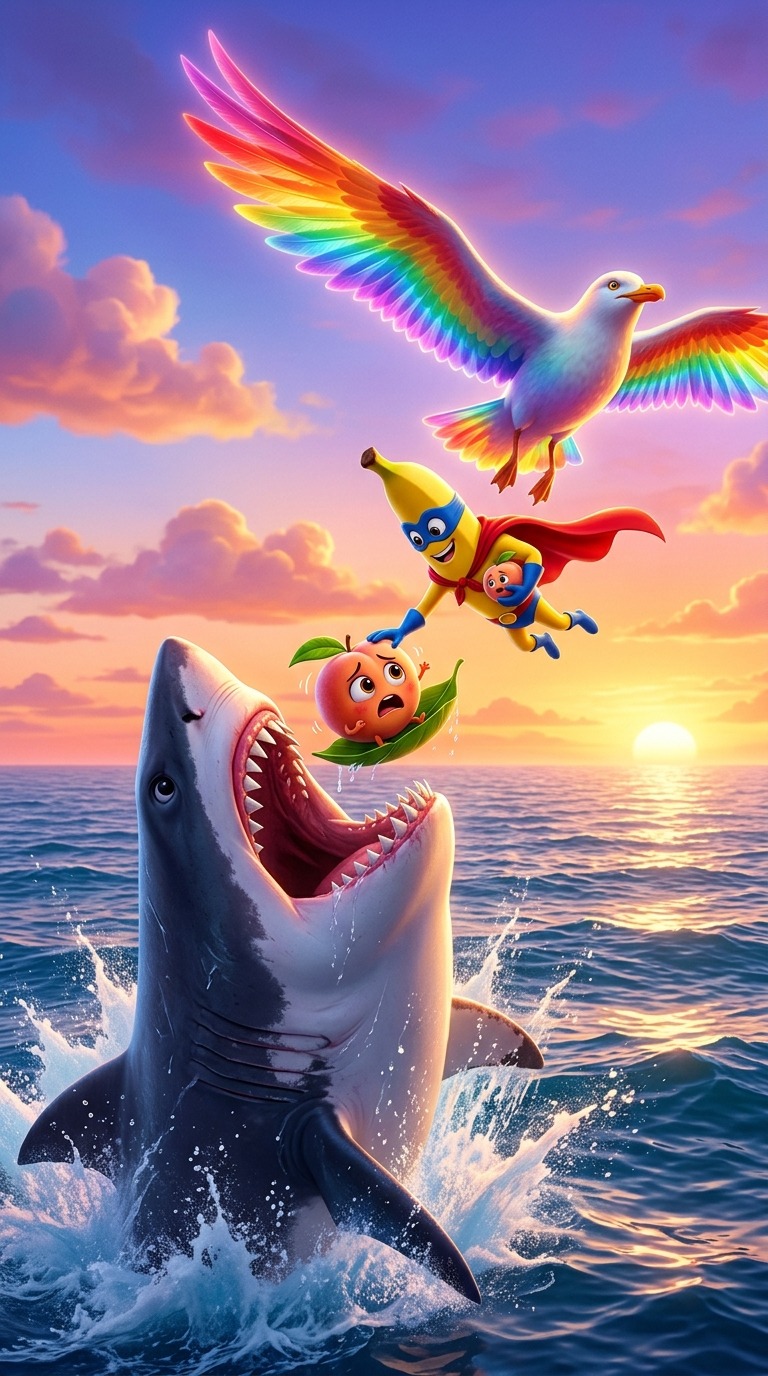 Banana Hero Saves Peach From Shark AI video prompt