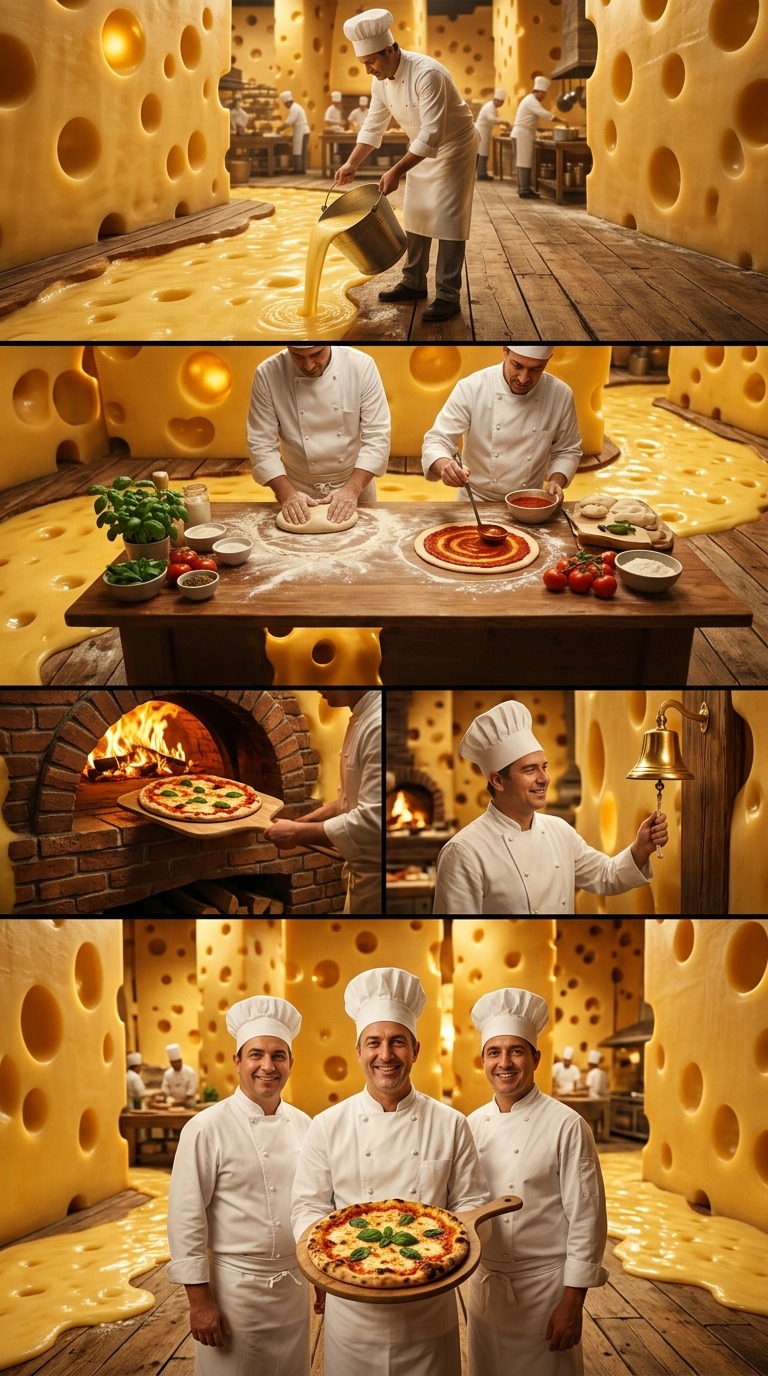 Cheese River Pizza Kitchen AI video prompt