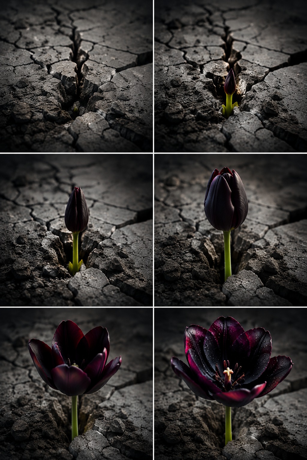 Black Tulip Blooming Through Cracked Ground Timelapse AI video prompt