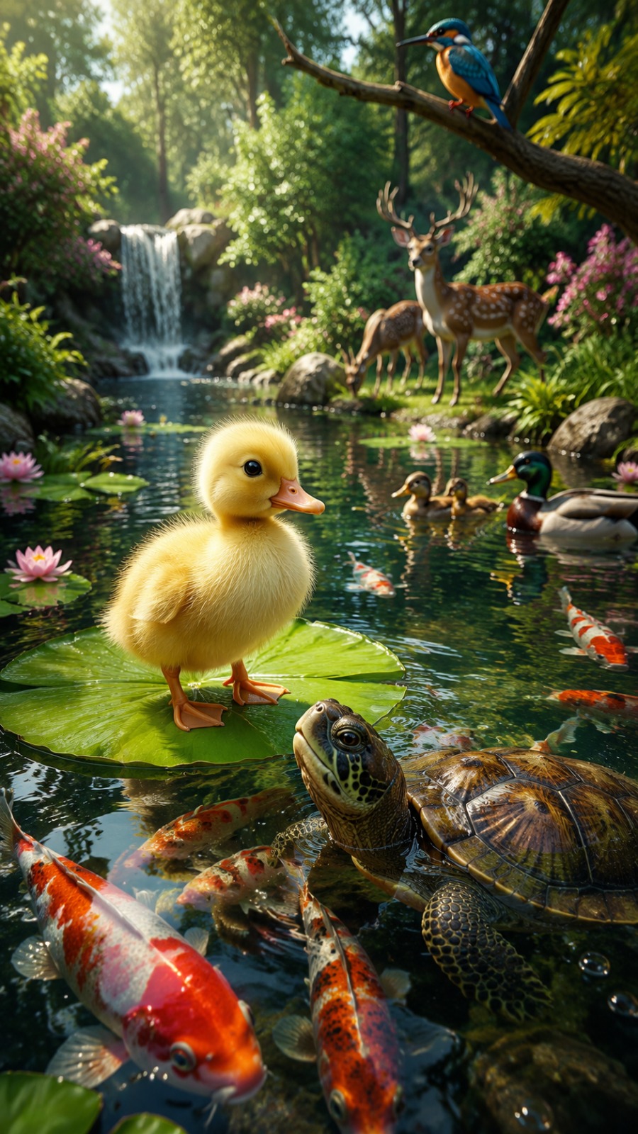 AI Video Prompt: Cute Duckling Adventure in Magical Koi Pond
