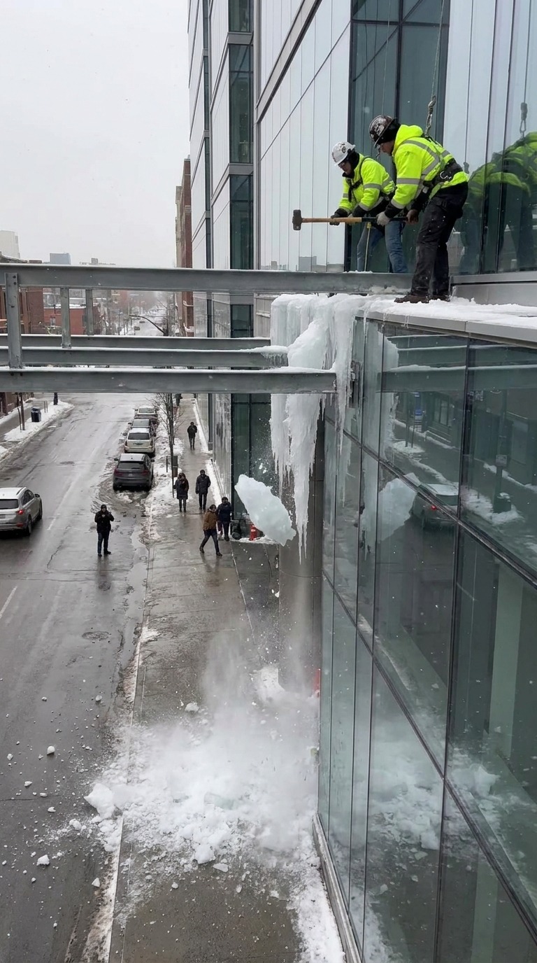 Skyscraper Icicle Removal AI video prompt
