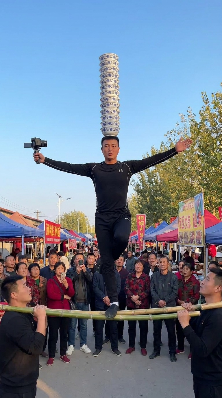 Bowl Balancing Acrobatics AI video prompt