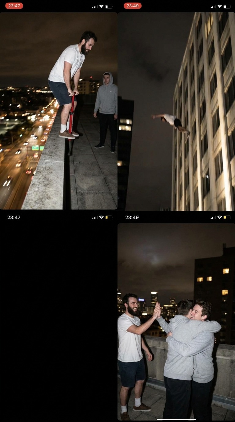 Rooftop Pogo Stick Jump Night Stunt AI video prompt
