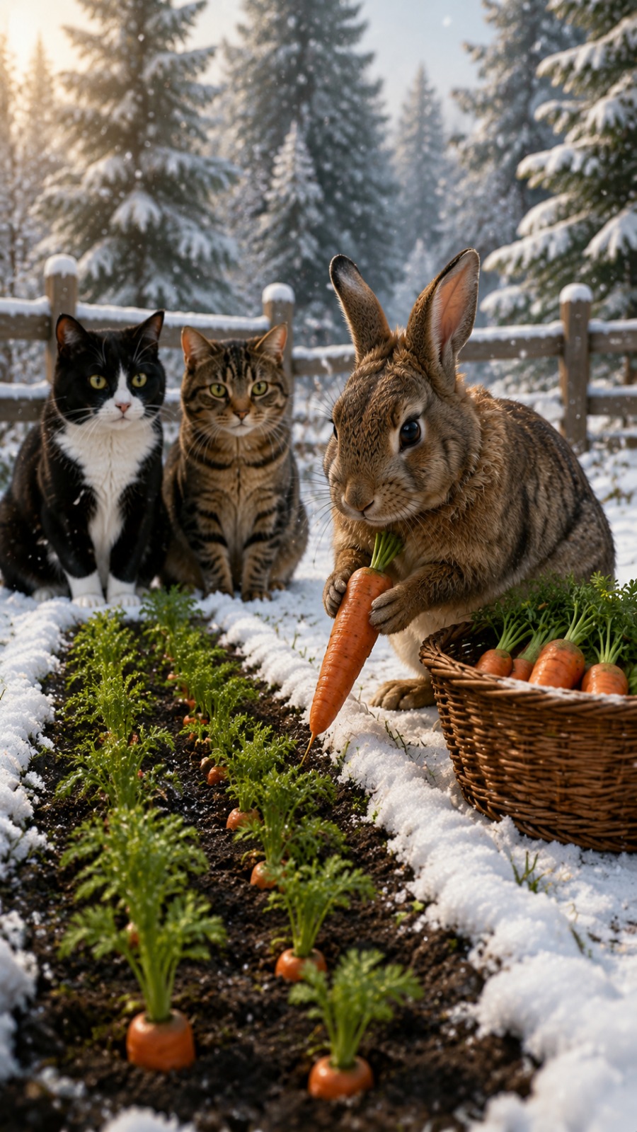 Rabbit Harvests Carrots While Two Cats Watch in a Snowy Winter Garden AI video prompt