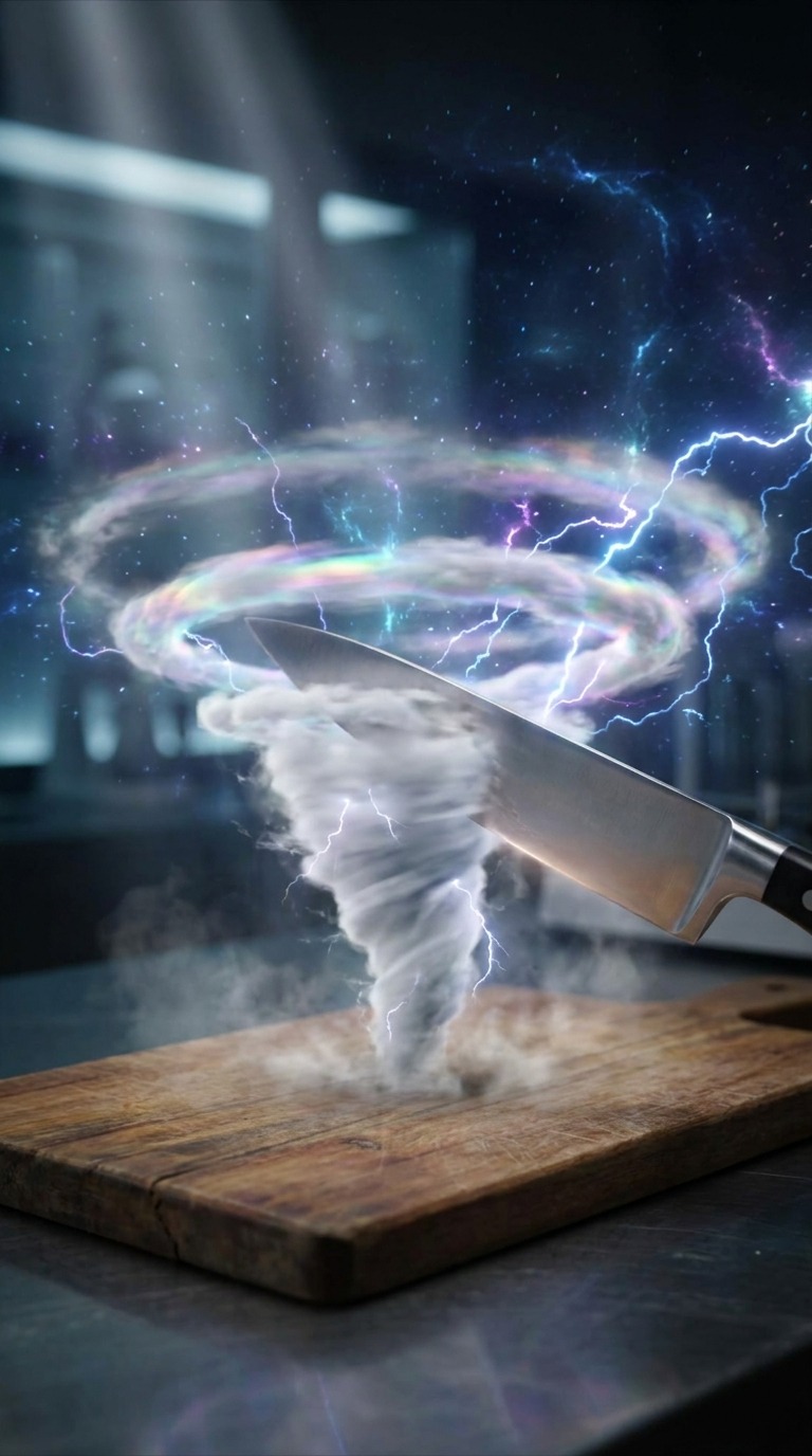 Knife Slicing Miniature Storm Vortex AI video prompt