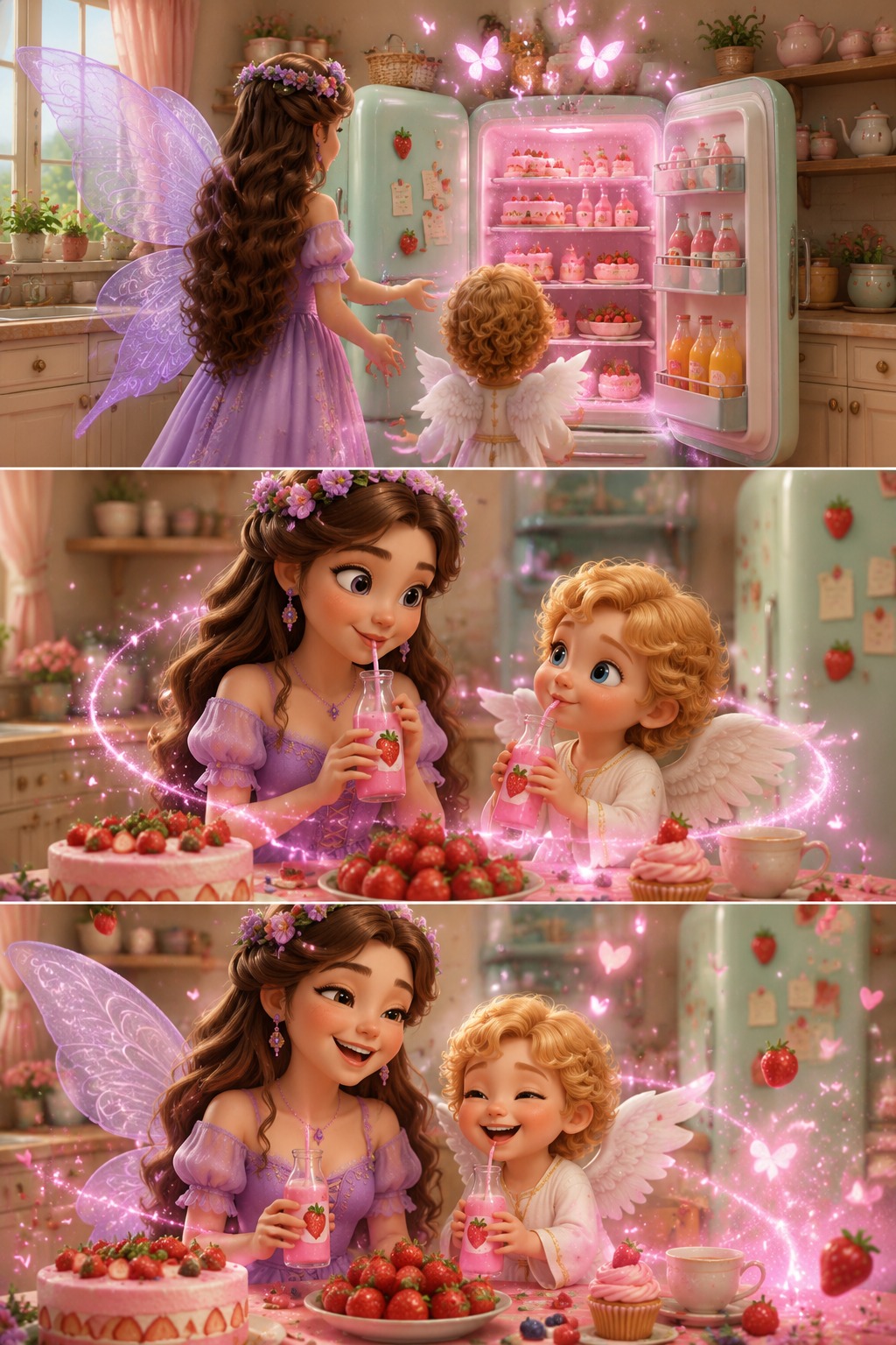 Magical Fairy and Little Angel Strawberry Dessert Kitchen Video Prompt AI video prompt