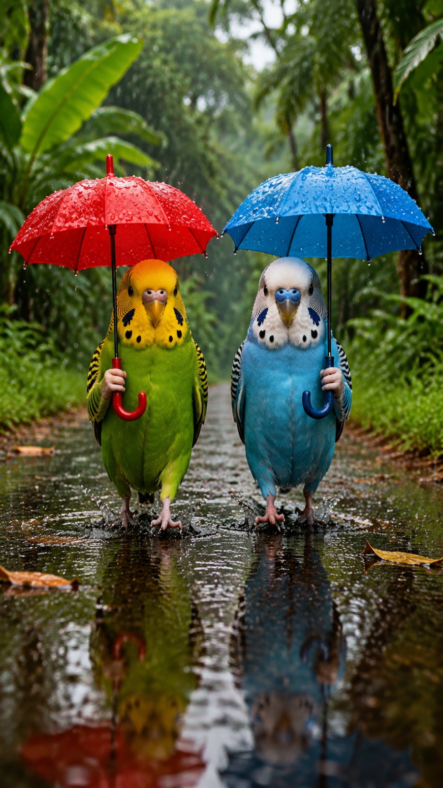 Budgies’ Rainy Walk AI video prompt