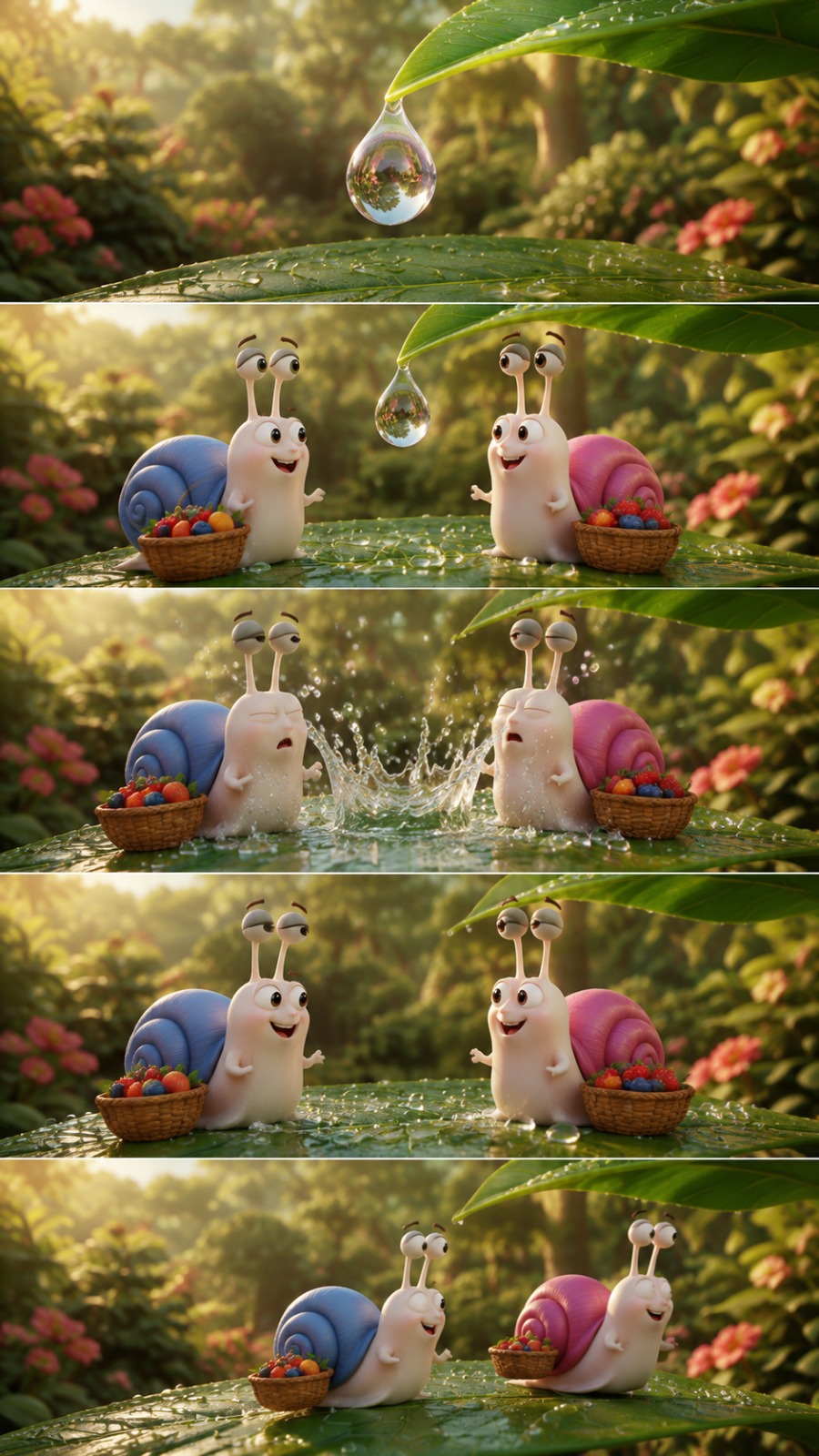 AI Video Prompt: Two Cute Snails and the Giant Dewdrop Splash 3D…