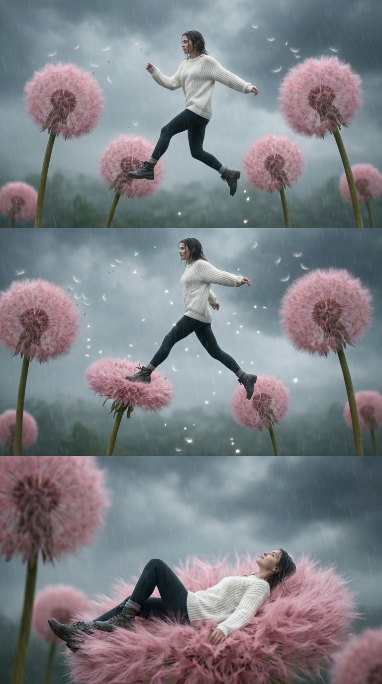 AI Video Prompt: Woman on Giant Pink Dandelions