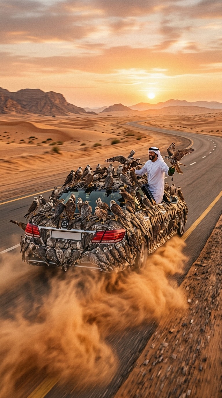 Falconer Bird-Covered Car Drive AI video prompt