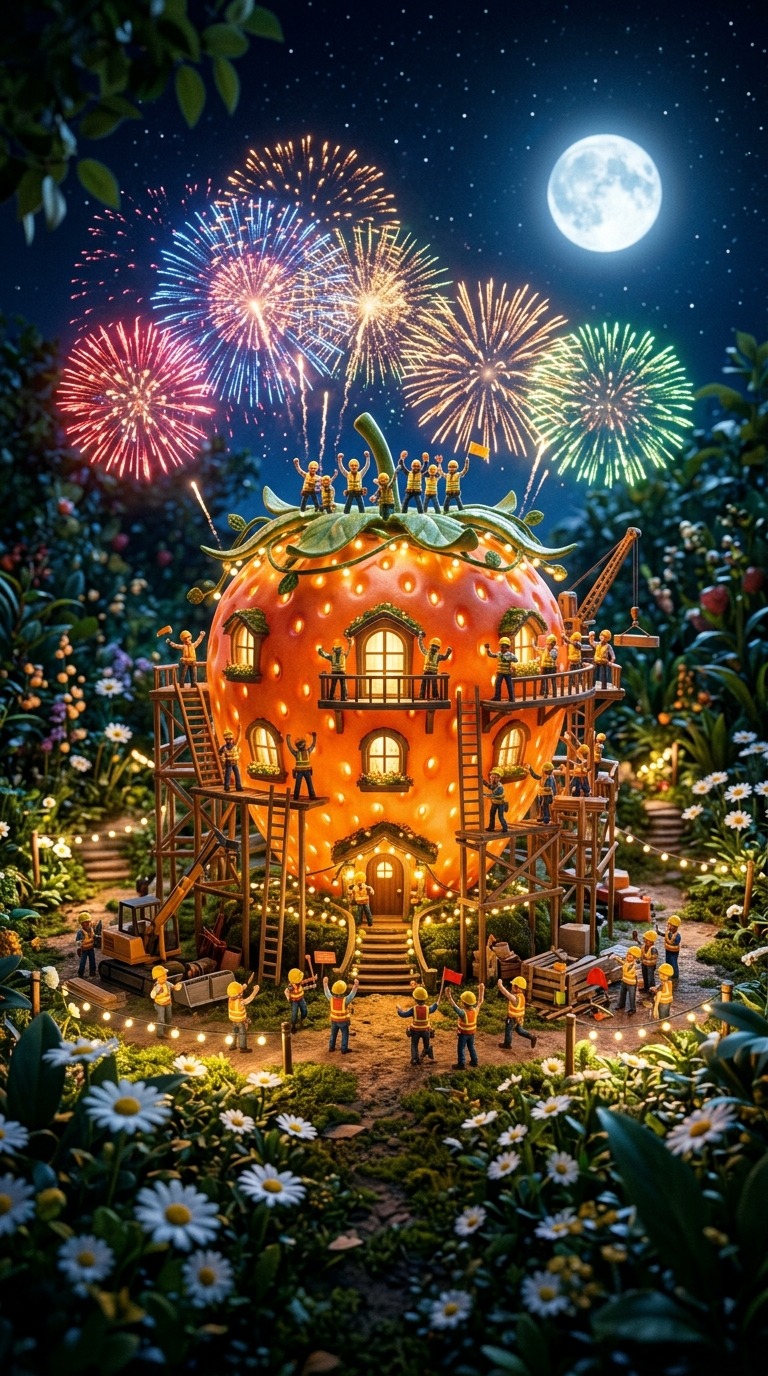 Strawberry House Build & Fireworks AI video prompt