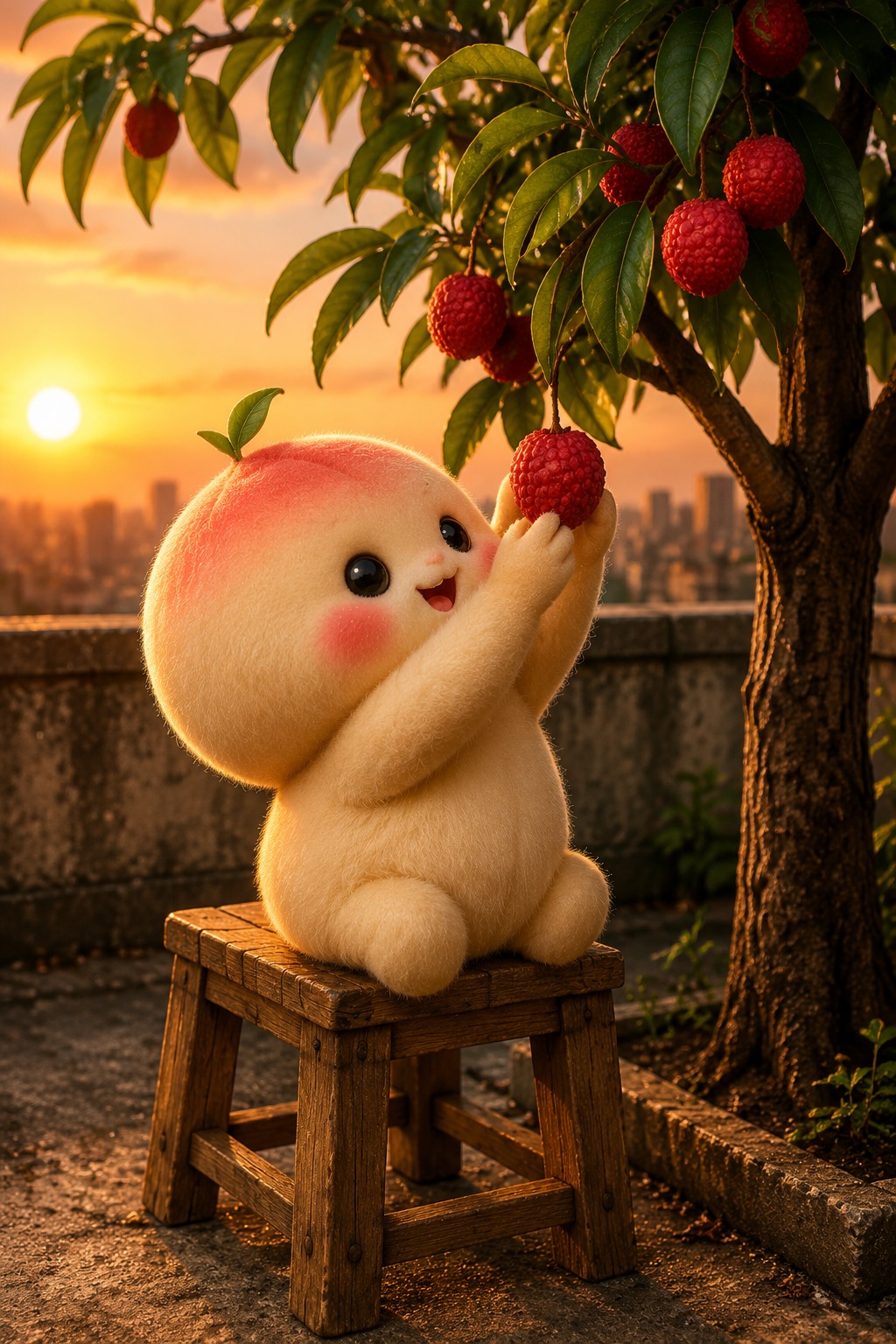 Cute Peach Creature Picking and Eating a Fresh Lychee at Sunset AI video prompt