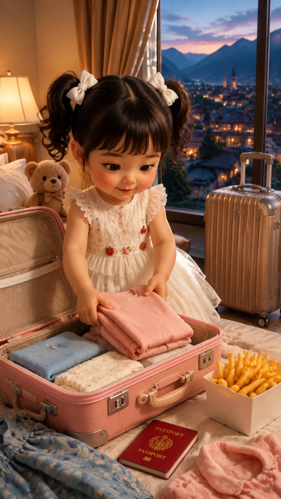 Cute Little Girl Packing a Pink Suitcase While Eating French Fries AI video prompt