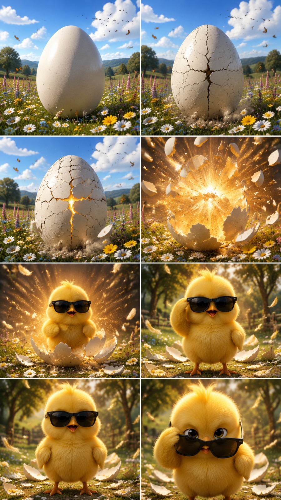 Cool Baby Chick Hatching from a Giant Egg with Sunglasses AI video prompt