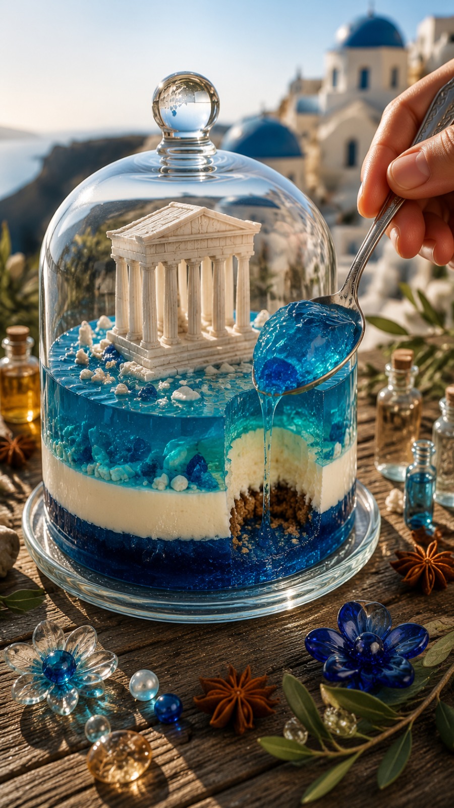 AI Video Prompt: Santorini Blue Ocean Jelly Temple Dessert Under Glass…