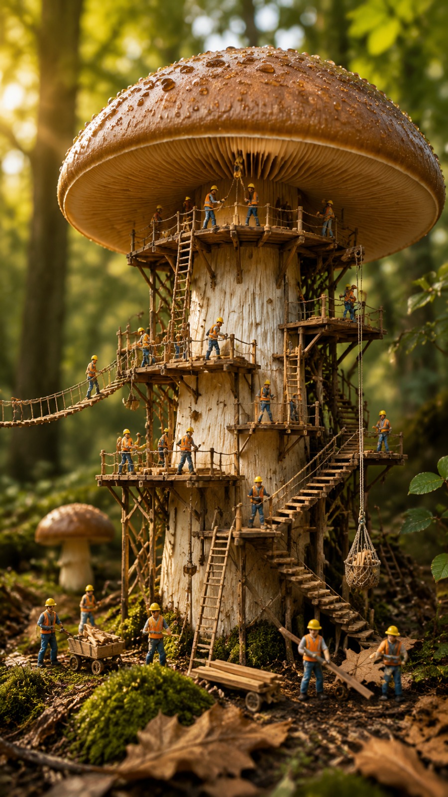 Miniature Workers Building a Mushroom Treehouse AI video prompt