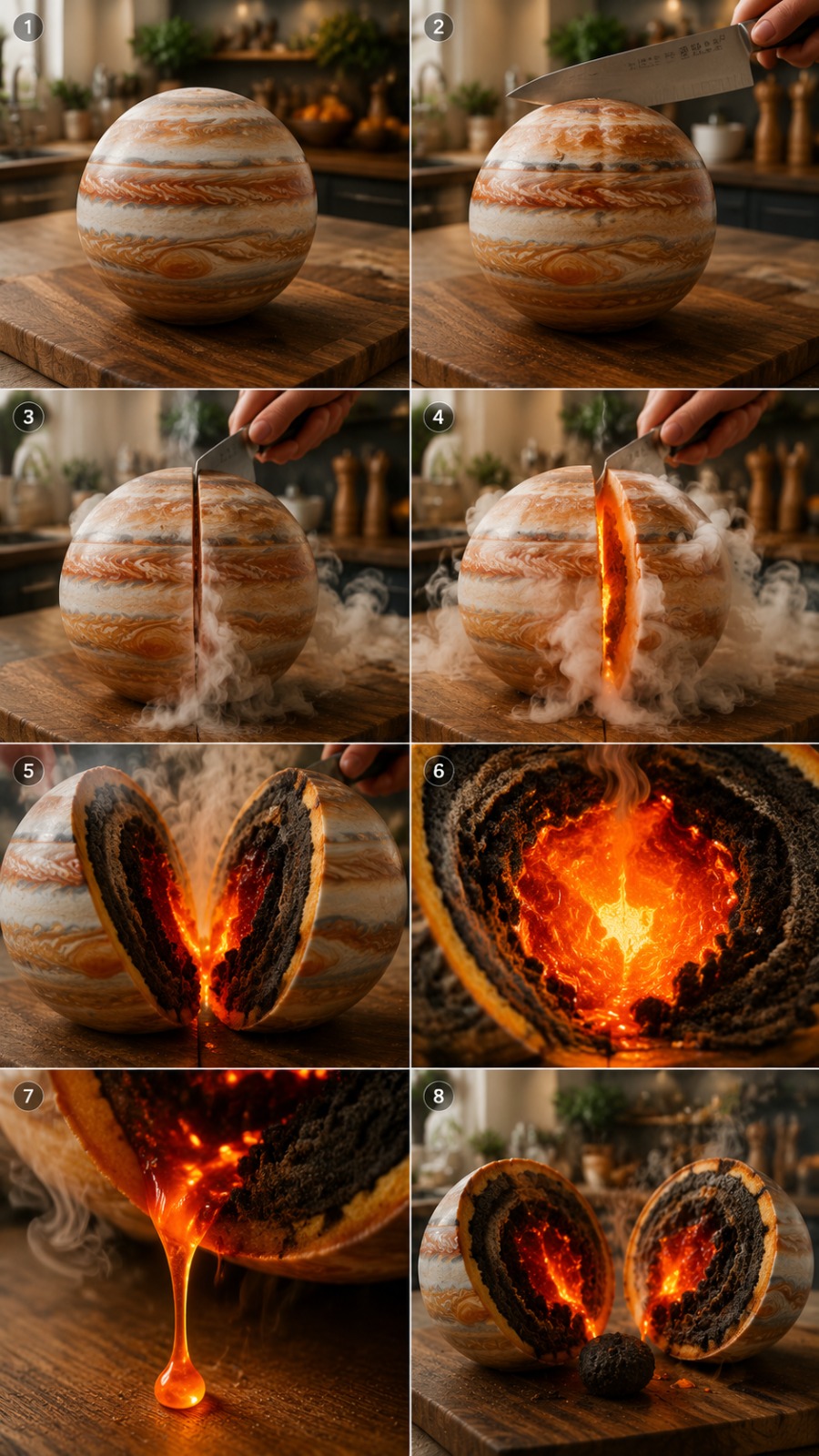 Jupiter Planet Cake Cut Open to Reveal a Glowing Molten Lava Core AI video prompt