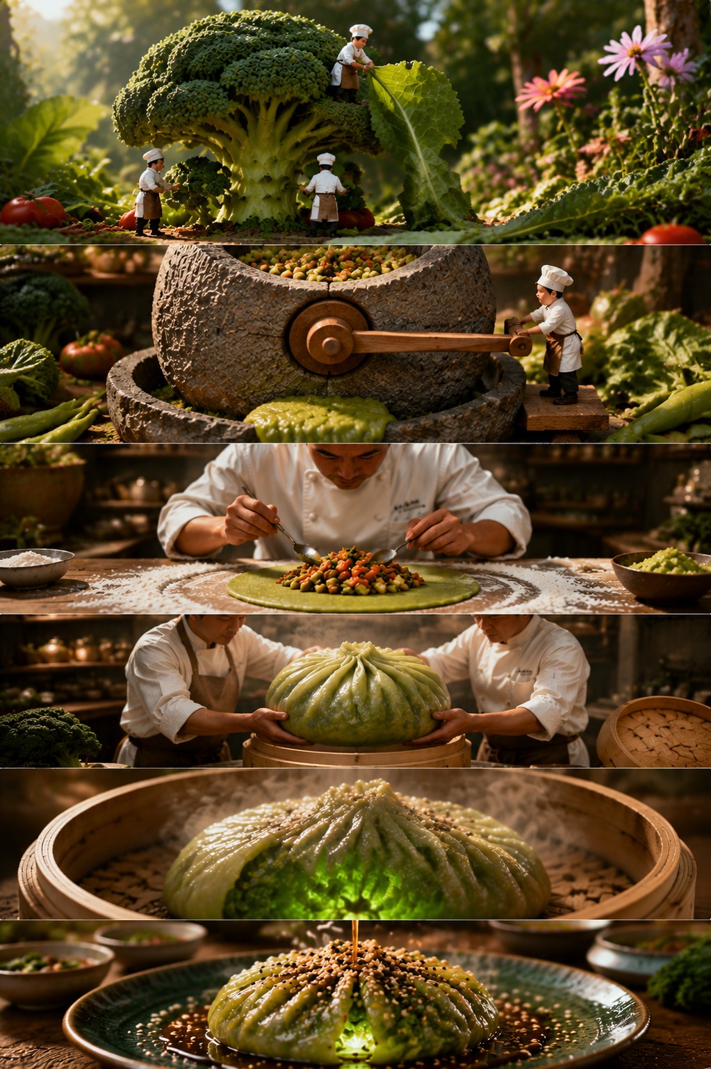 Giant Broccoli Dumpling Factory AI video prompt