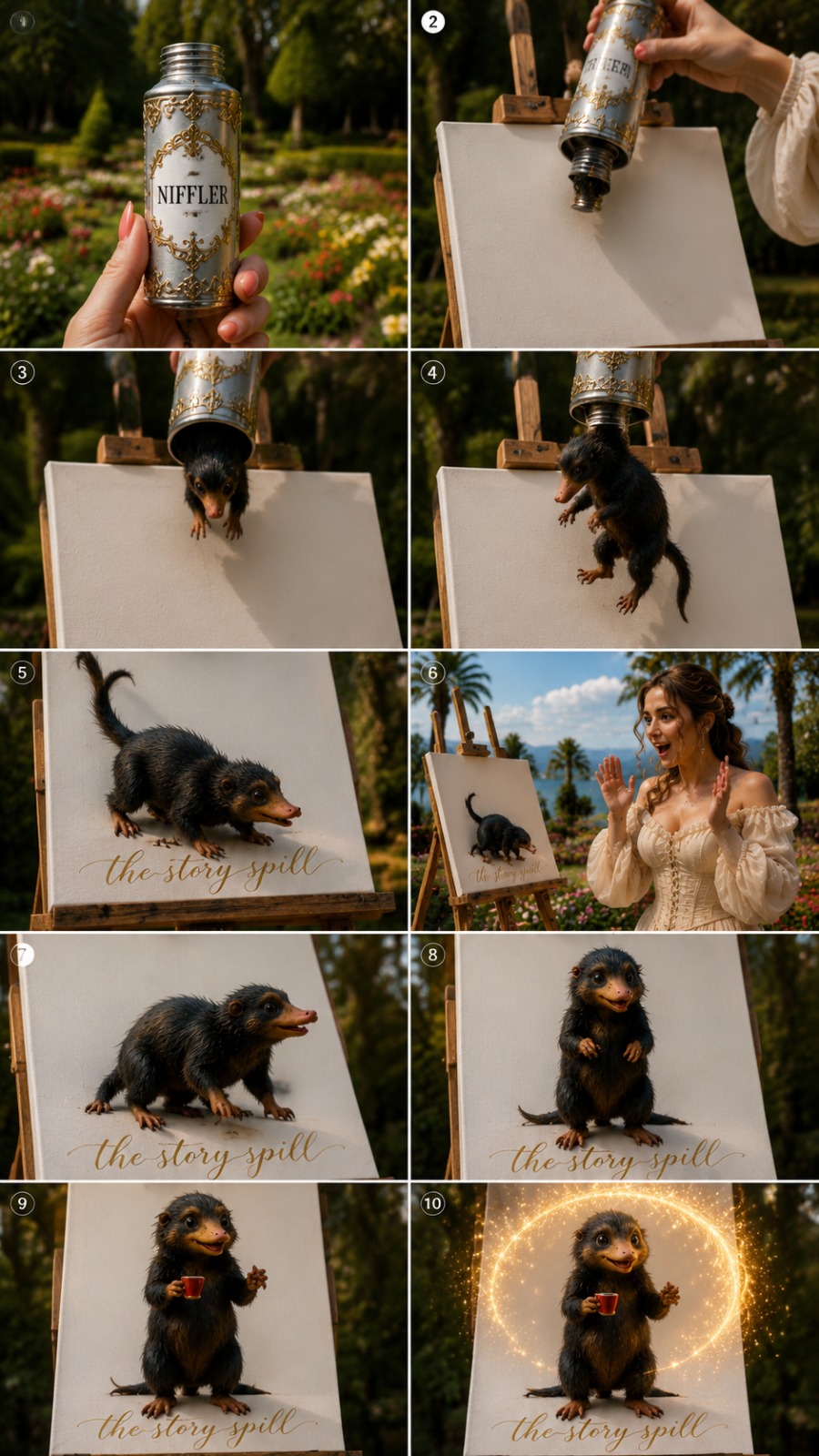 Magical Niffler Emerging from an Art Tube and Coming Alive on Canvas AI video prompt