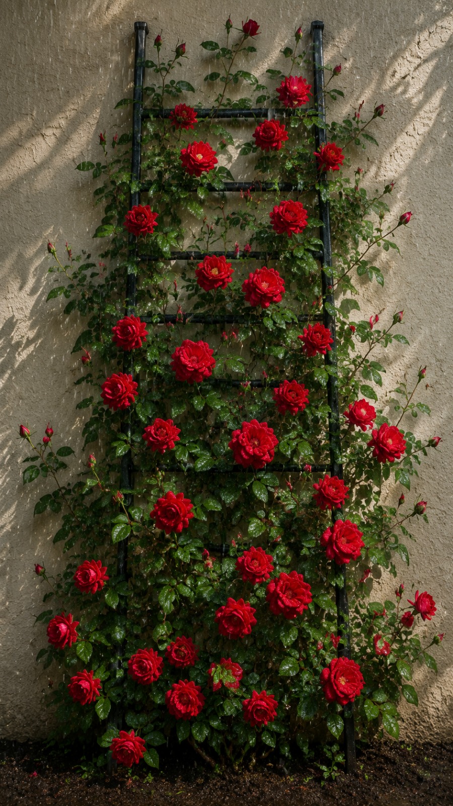 Rose Vine Growing Up a Garden Ladder in Rain AI video prompt