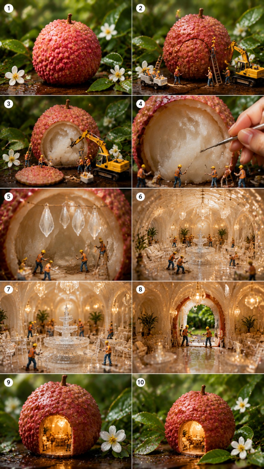 Lychee Crystal Café Transformation AI video prompt