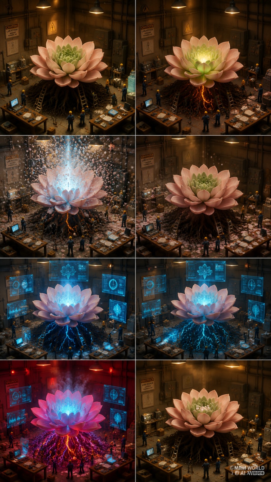 Giant Succulent Flower Energy Experiment in a Miniature Research Lab AI video prompt