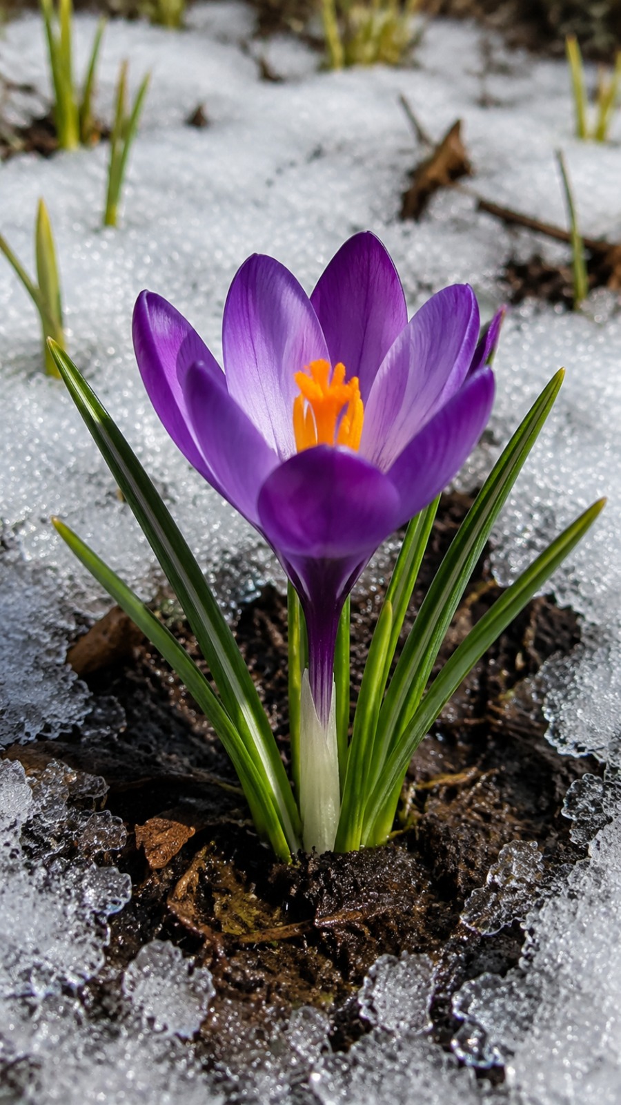 Purple Crocus Blooming Through Melting Snow Timelapse AI video prompt