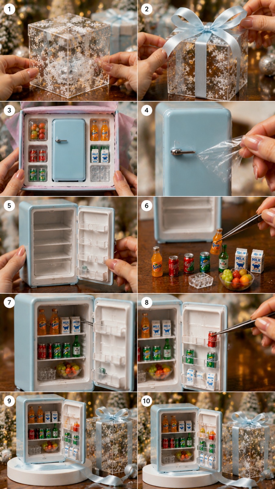 Crystal Snowflake Gift Box Revealing a Fully Stocked Mini Blue Refrigerator AI video prompt