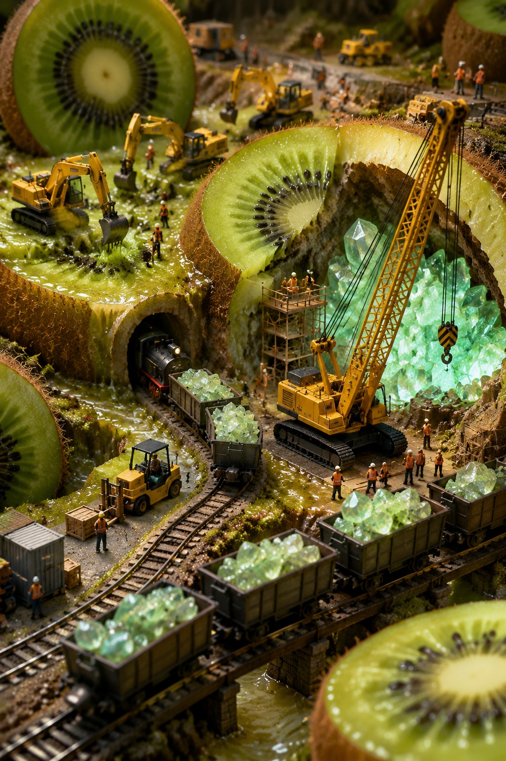 AI Video Prompt: Miniature Kiwi Crystal Mining World with Excavators…
