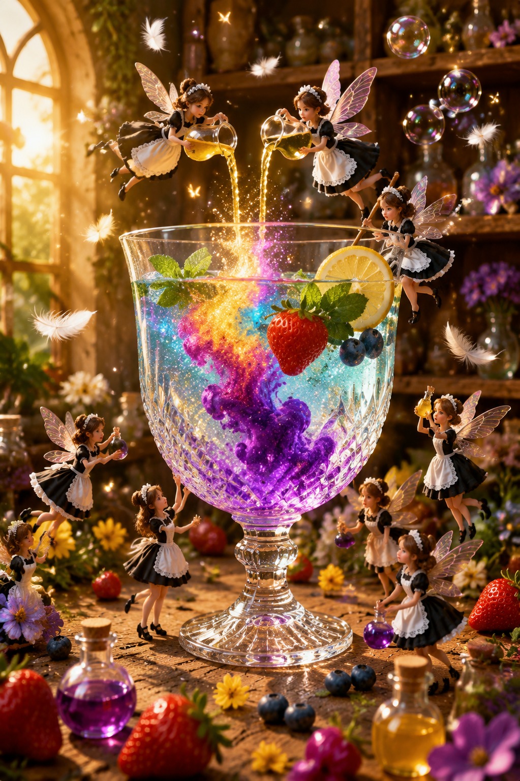 Miniature Fairy Maids Brewing a Magical Fruit Potion in a Crystal Goblet AI video prompt
