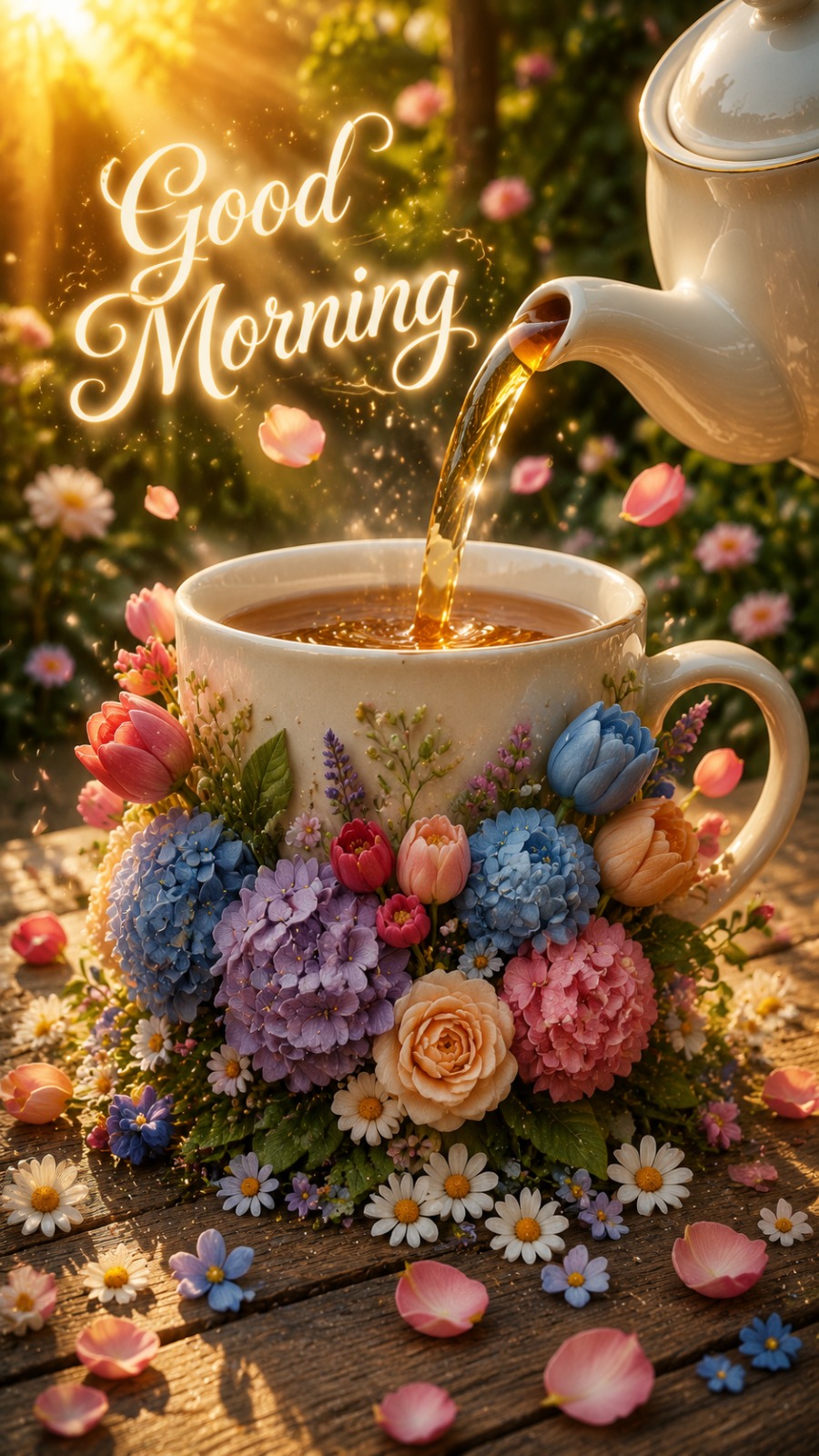 Floral Teacup Blooming During a Golden Morning Tea Pour AI video prompt
