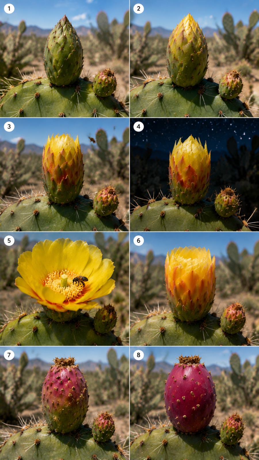 Prickly Pear Cactus Flower Blooming and Transforming into Ripe Fruit AI video prompt