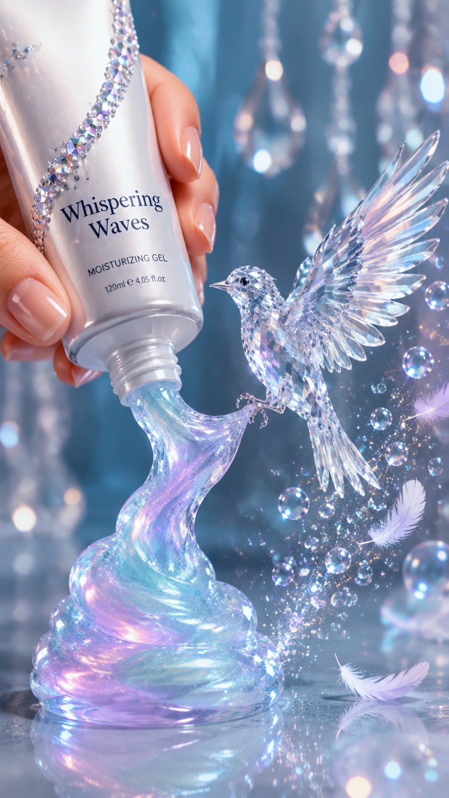 Whispering Waves Holographic Gel Transforms into a Crystal Bird AI video prompt