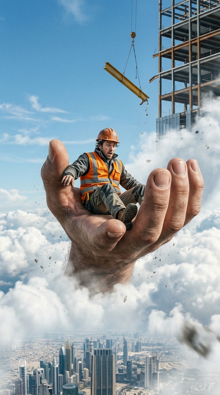 Giant Hand Saves Falling Worker AI video prompt