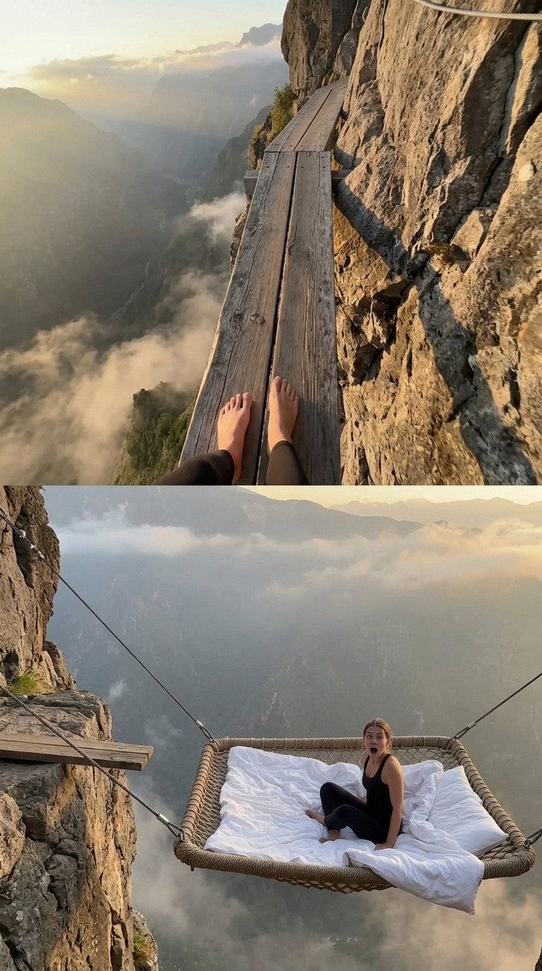 Cliff Edge Plank to Hanging Bed POV AI video prompt