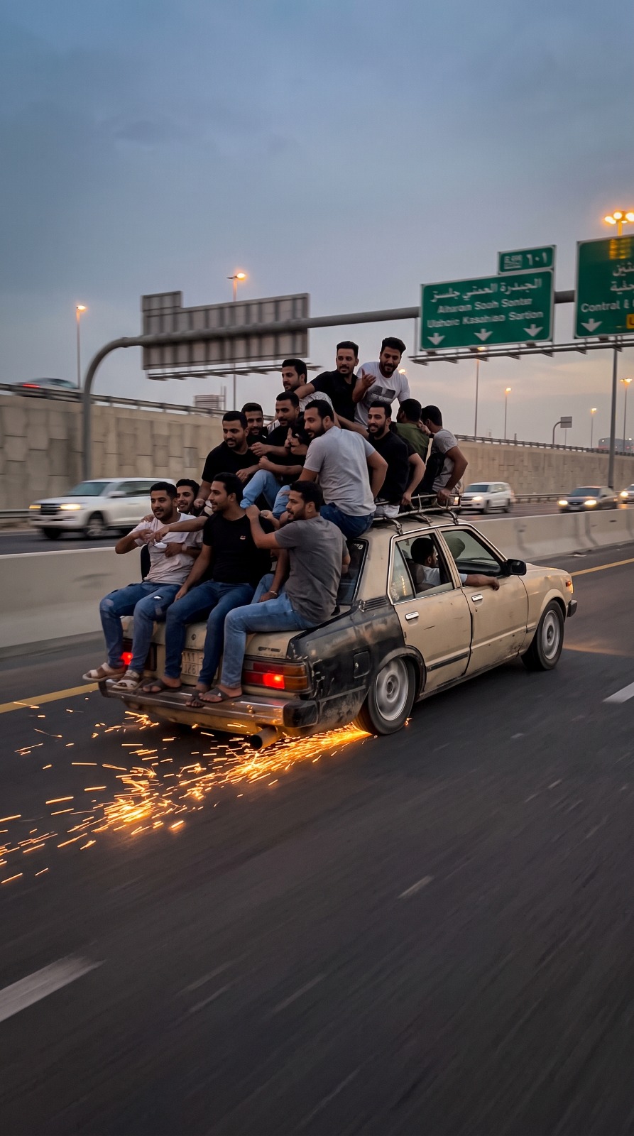 Overloaded Car Highway Stunt AI video prompt
