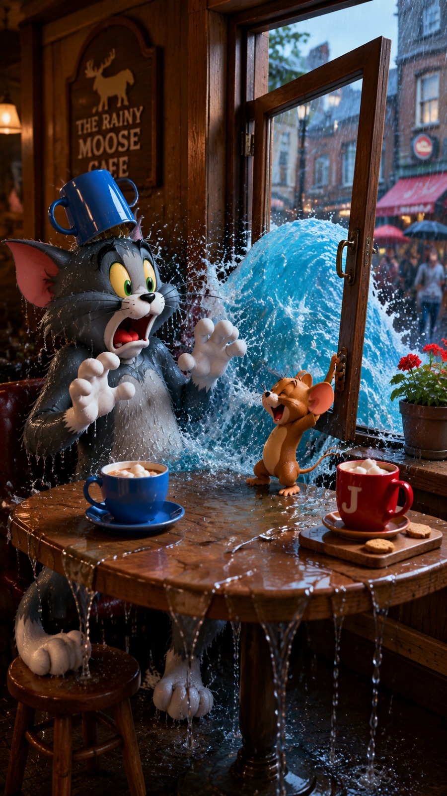 Café Window Flood Prank AI video prompt