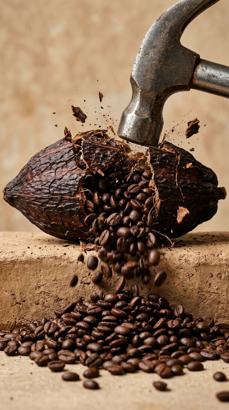 Hammer Smashes Cacao Pod AI video prompt