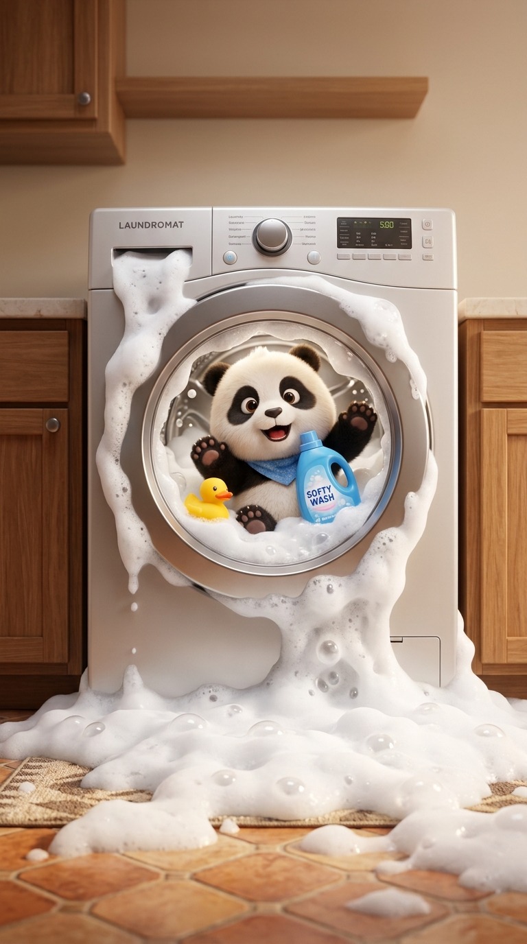 Panda Washing Machine Bath AI video prompt