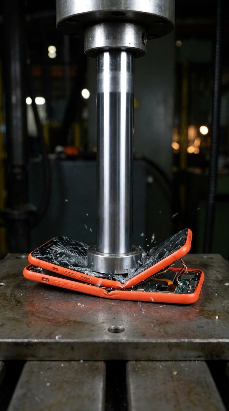 Orange Phone Hydraulic Crush AI video prompt
