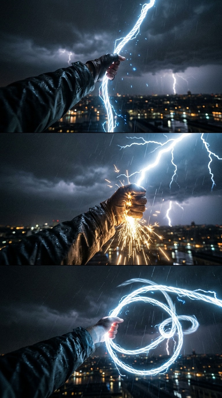 Hand Whipping Lightning AI video prompt