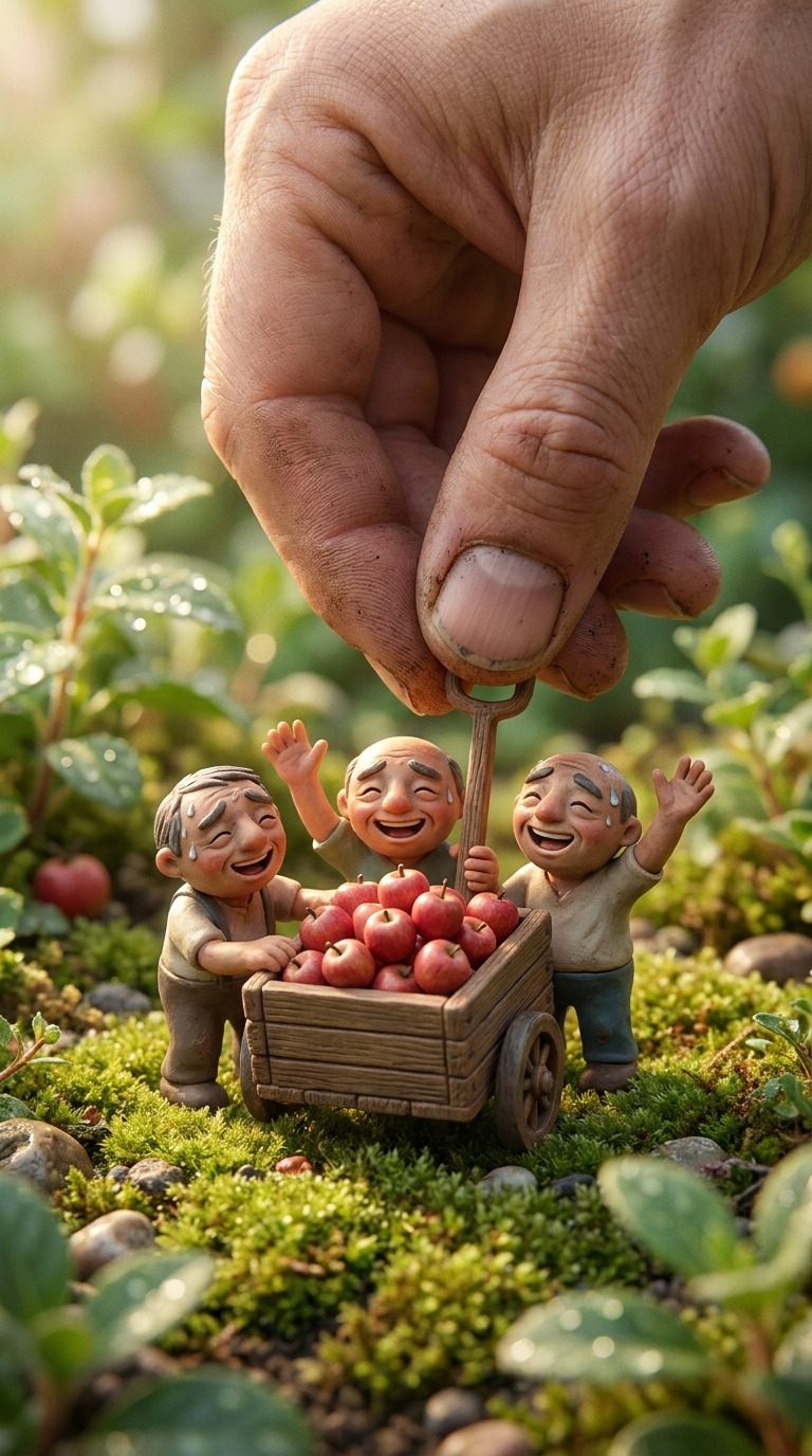 Giant Hand Helps Tiny Apple Cart Pushers AI video prompt