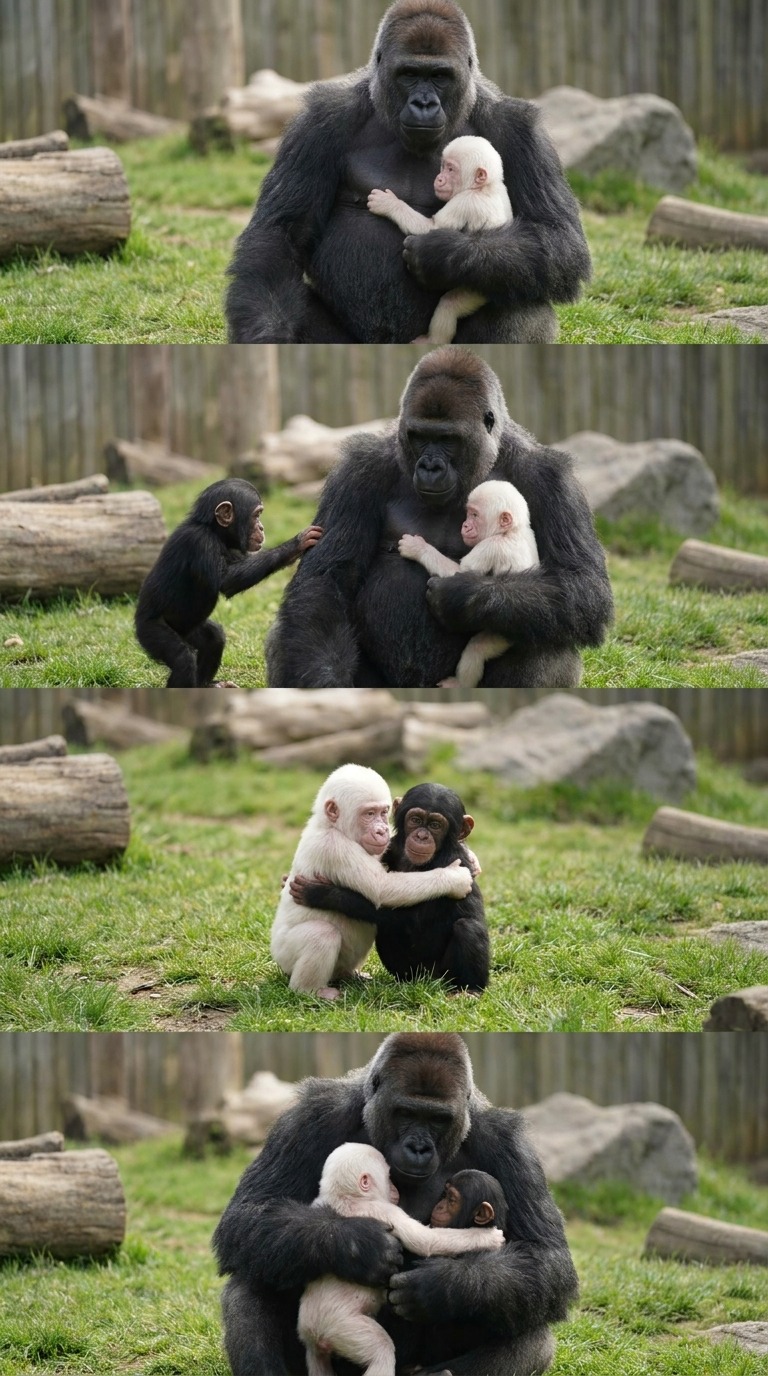Gorilla Mom with Albino & Chimp Babies AI video prompt
