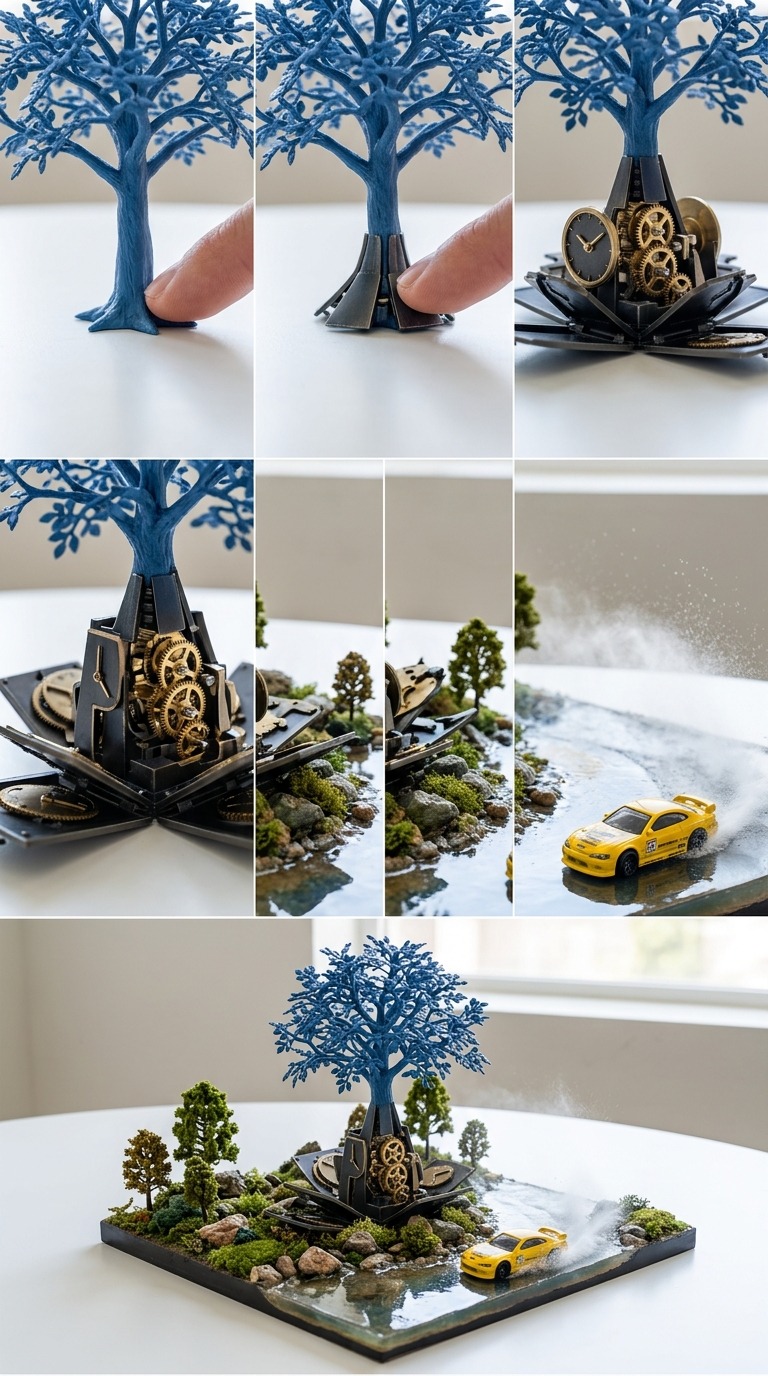 Miniature Tree Diorama Transformation AI video prompt